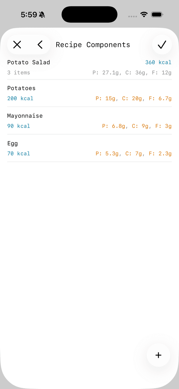 Step two: add the foods that make up the dish. The recipe's macros add up automatically.