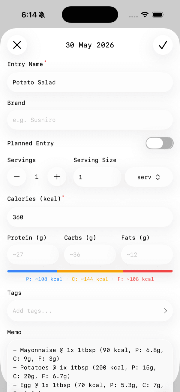The entry fills with the recipe's totals, and the breakdown lands in the memo.