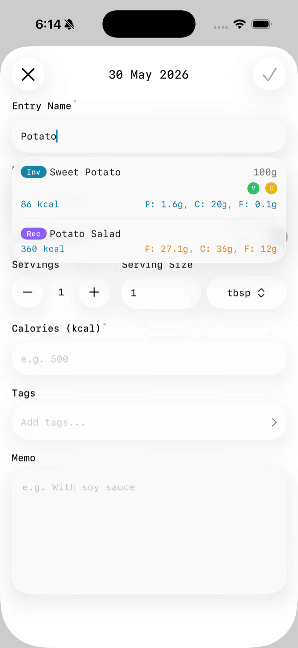 Recipes appear in the entry suggestions with a purple "Rec" badge.