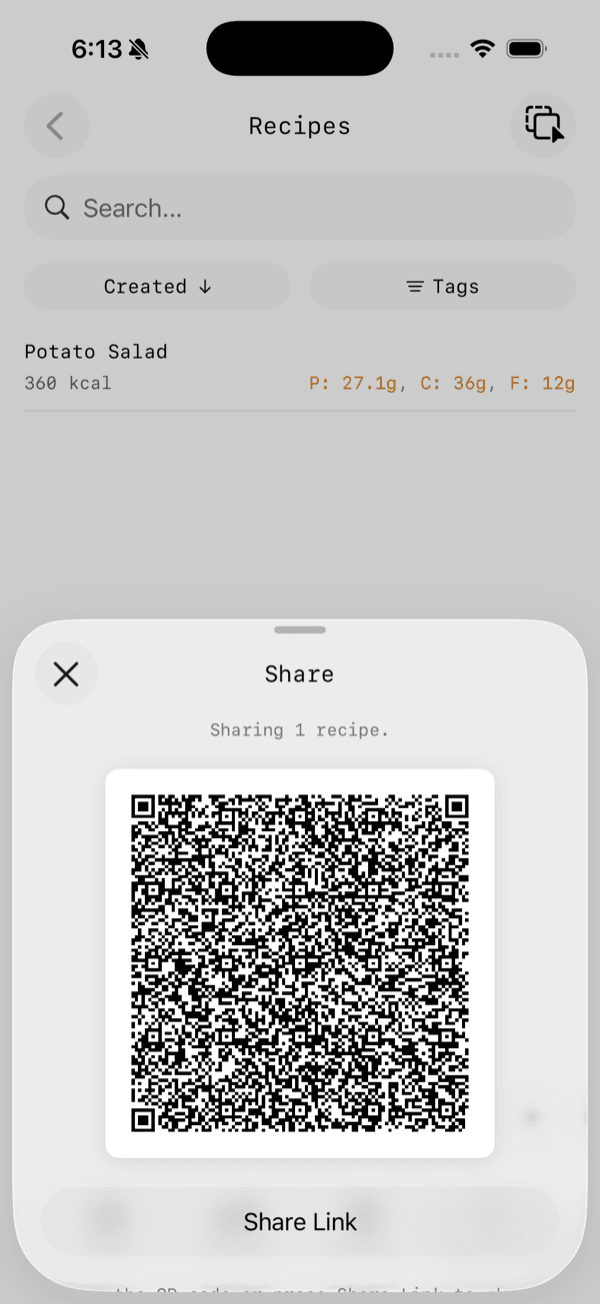 Share a recipe as a QR code or link — your friend gets the whole dish.