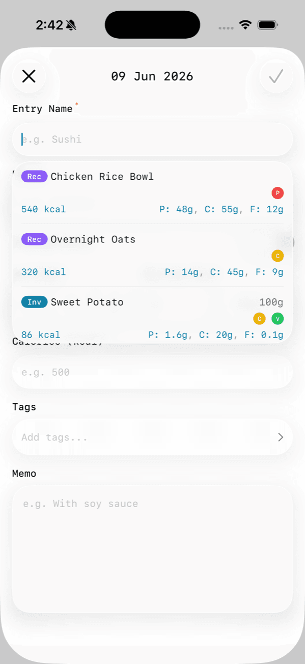 After: an empty field shows your recipes and inventory up top, ready to tap.