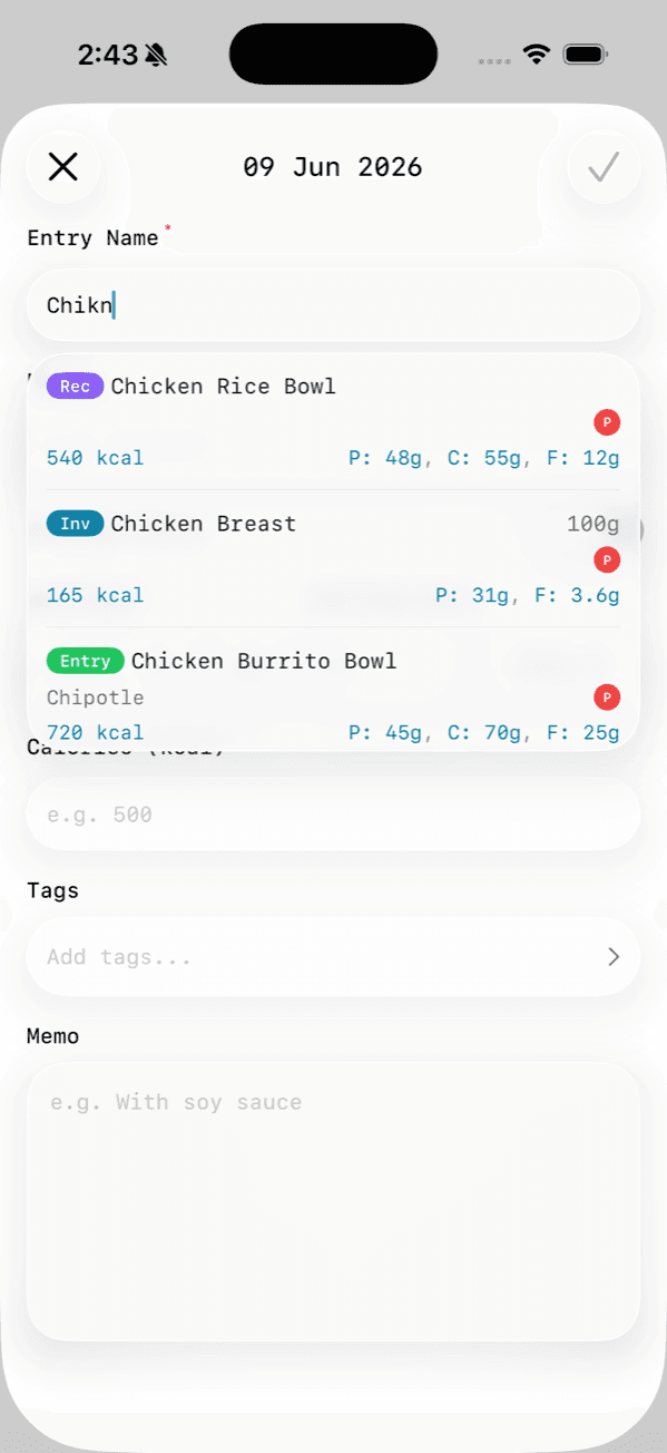 After: the same typo surfaces every chicken food you track, ranked by relevance.