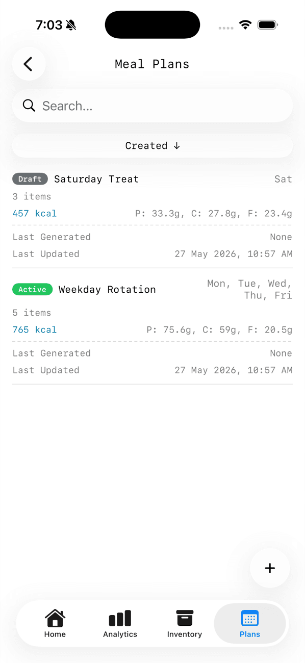 Active and draft meal plans